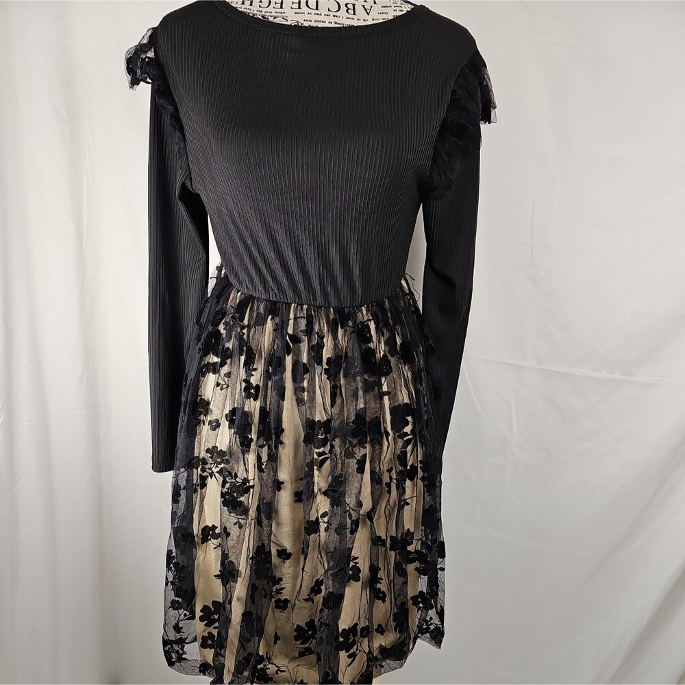 SHEIN Girls 12Y Black Floral Tulle Long Sleeve Dress Halloween Goth Costume